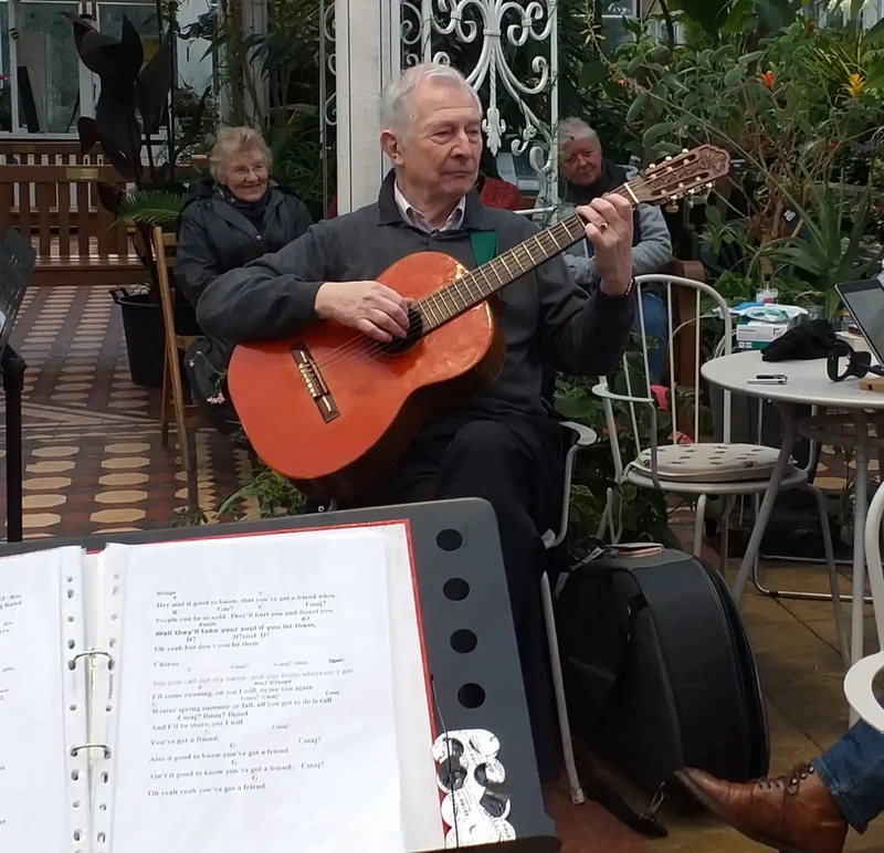 Man playing Spanish guitar in Conservatory